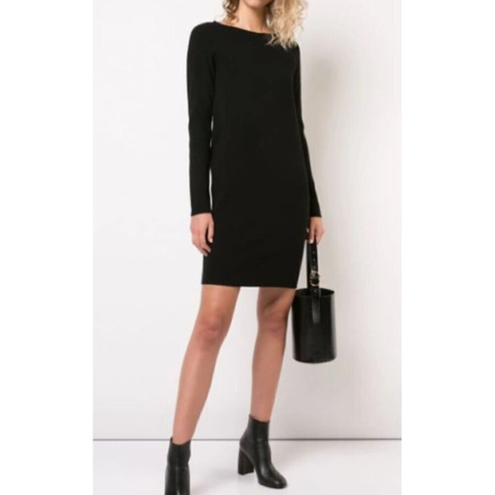 Vince Black Merino Wool Rib Knit Dress Small Scoop Neck Long Sleeve - Picture 6 of 9